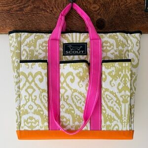 Scout—Rocket Pocket Tote, Medium Bag (Green Ikat/Orange/Pink Straps)